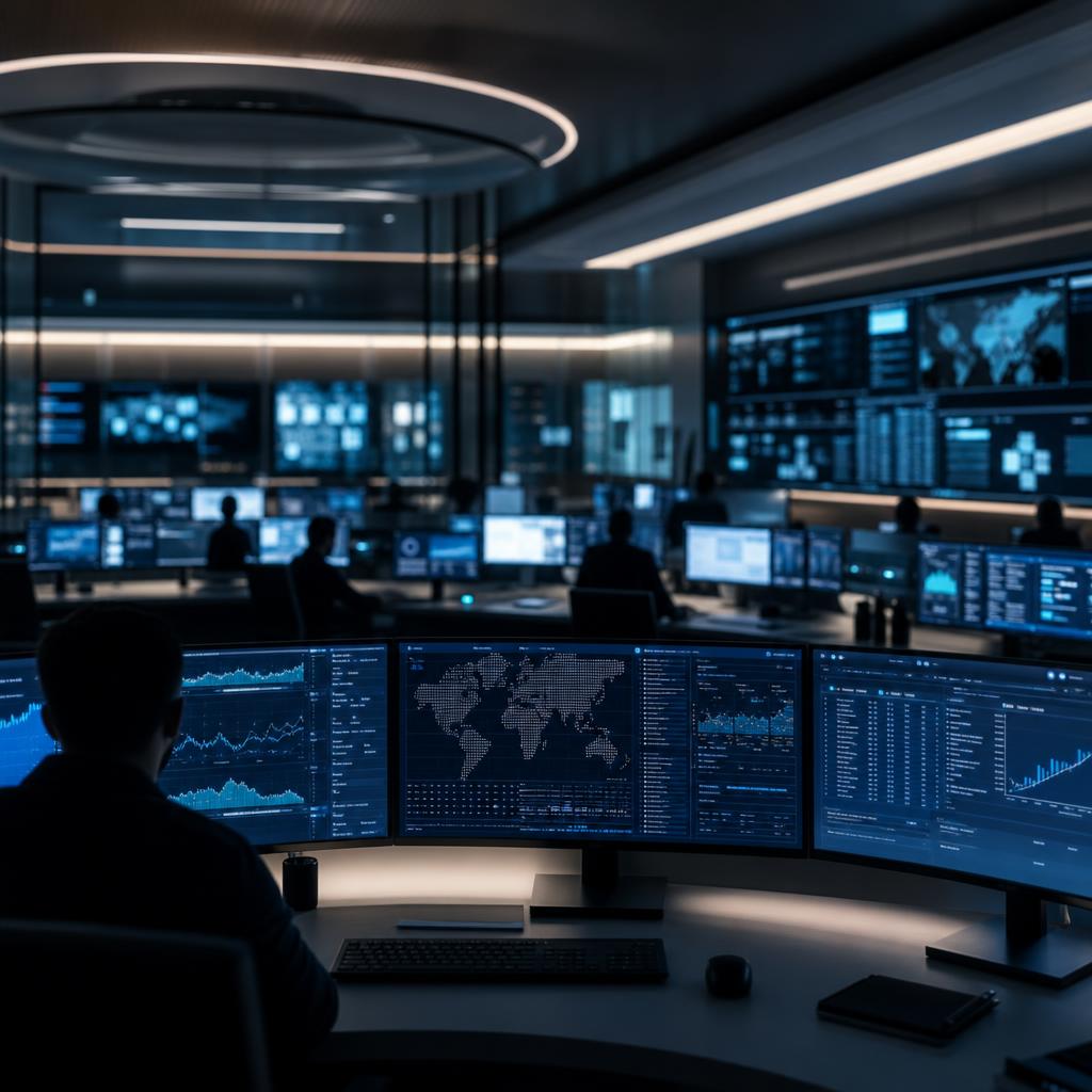 Modern security operations centre with analysts monitoring global systems